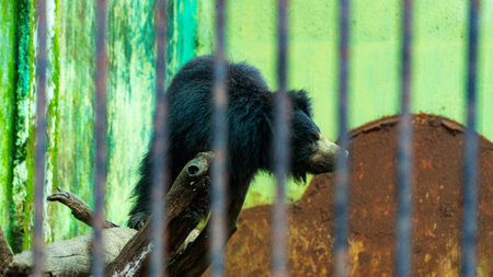 Black bear in a cage at the zoo. Animal in captivity.の写真素材
