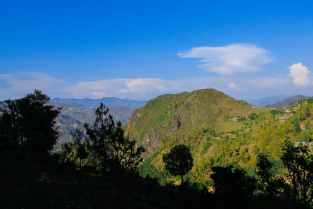 Spring mountain landscape of Sirmour, upland villages. Himachal Pradesh, India