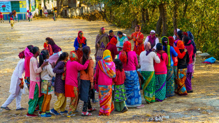 Kahila Holi is also known as Khadi Holi or Baithaki Holi, unique and traditional celebration around the Kumaon region of Uttarakhand. (8, March, 2023) Mukteshwar, Uttarakhand Indiaのeditorial素材