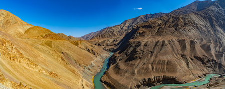 Beautiful panoramic landscape on the road (Leh - Manali highway) - Tibet, Leh districtの写真素材