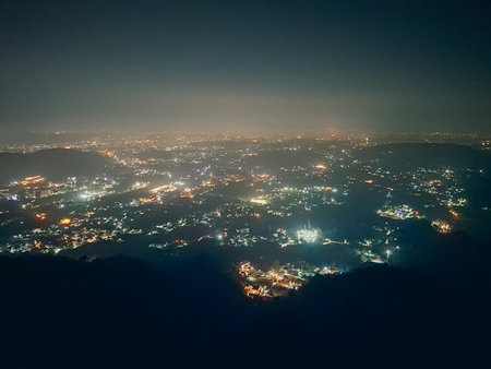 Aerial view of the city at nightの写真素材