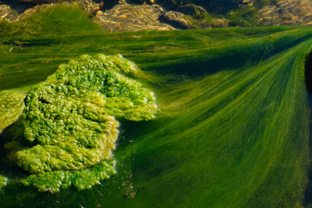 Green algae on the surface of the water in the spring, backgroundの写真素材