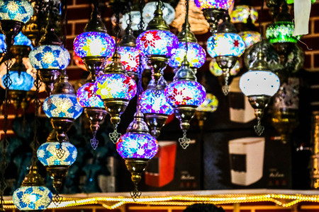 Traditional bright decorative hanging Turkish lights and colourful light lamps with vivid colours ...