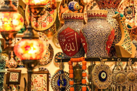 Traditional bright decorative hanging Turkish lamps and colourful lights with vivid colours  in the Istanbul Bazaar, Turkeyの写真素材