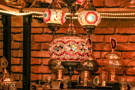 Traditional bright decorative hanging Turkish lamps and colourful lights with vivid colours  in the Istanbul Bazaar, Turkeyの写真素材