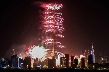 Dubai, United Arab Emirates - 01/01/2019 - Explosion of multi-colored fireworks at Burj Khalifa Dubai against the night sky on a new year celebrations holidays in Dubai, UAEのeditorial素材