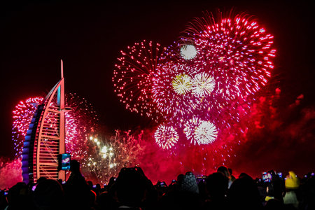 Dubai, UAE - 01/01/2019 - Explosion of multi-colored fireworks at Burj Al Arab Jumeirah Dubai...