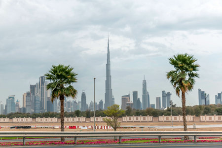 Dubai, United Arab Emirates 04/12/2019 - Amazing view of Burj Khalifa, World Tallest Tower. A view from Sheikh Zayed Road, Residential and Business Skyscrapers in Downtown, Dubai, UAEのeditorial素材