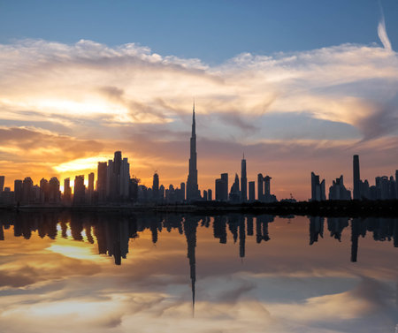 Dubai, United Arab Emirates 04/12/2019 - Waterfront view of Burj Khalifa, World Tallest Tower. A view from Sheikh Zayed Road, Residential and Business Skyscrapers in Downtown, Dubai, UAEのeditorial素材