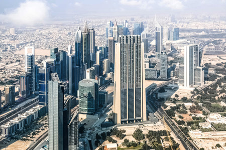 Aerial view of Dubai Skyline, Amazing Rooftop view of Dubai Sheikh Zayed Road Residential and Business Skyscrapers in Downtown Dubai, United Arab Emiratesのeditorial素材