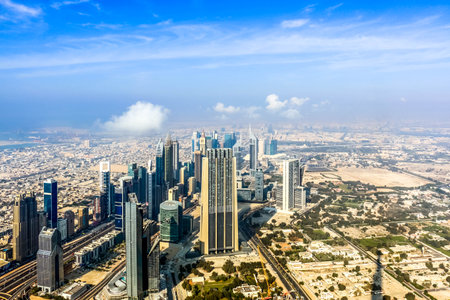 Aerial view of Dubai Skyline, Amazing Rooftop view of Dubai Sheikh Zayed Road Residential and Business Skyscrapers in Downtown Dubai, United Arab Emiratesのeditorial素材