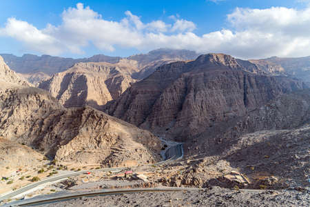 Geological landscape of Jebel Jais characterised by dry and rocky mountains, Mud Mountains in Ras Al...