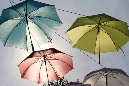 Floating Umbrellas in the shopping district, Baarn, the Netherlandsの写真素材