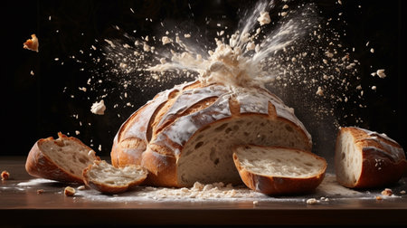 Freshly baked sourdough bread with splashes of flour.の素材