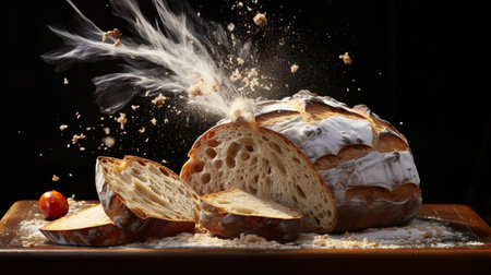 Slices of white bread with flying flour on a black backgroundの素材