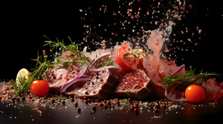Raw beef steak with spices and vegetables on a black background. Copy space.の素材