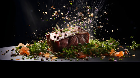 Piece of roast beef on a black background with splashes.の素材
