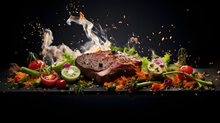 Tasty grilled meat with vegetables on a black background. Restaurant menuの素材