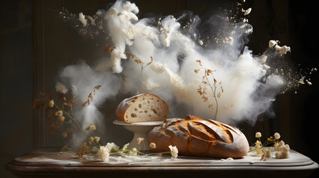 Composition with bread and smoke on a dark background. Toned.の素材
