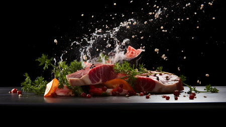 raw meat with splashes of water on a black background closeupの素材