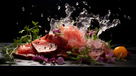 Salmon slices with fresh herbs and water splash on a black backgroundの素材