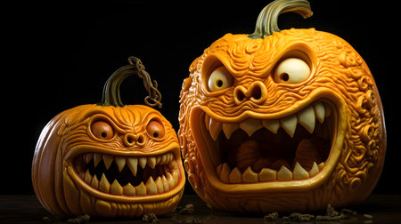 Halloween pumpkins with scary faces on black background, 3d renderの素材