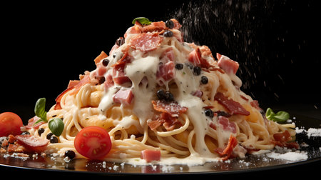 Spaghetti carbonara with bacon, tomatoes and cheese on black backgroundの素材