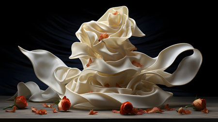 Wedding cake with tulips on wooden table and black backgroundの素材