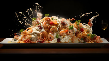 spaghetti with shrimps on a white plate with black backgroundの素材