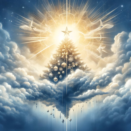 Christmas tree in the sky with snowflakes and stars. Vector illustration.の素材