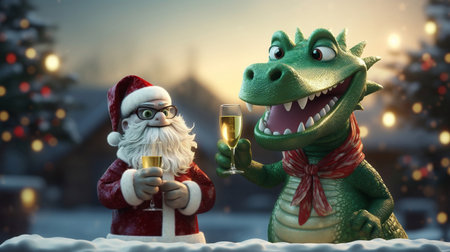 Merry Christmas and Happy New Year! Cute green dragon with glass of champagne.の素材
