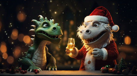 Christmas and New Year concept. Cute funny dragon in Santa Claus costume with glass of wine.の素材