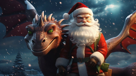 Santa Claus with a dragon in the forest. 3d rendering.の素材