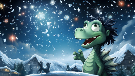 cartoon scene with happy dinosaur in the snow - illustration for childrenの素材