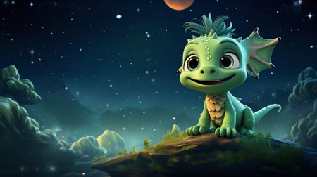 Fantasy green dragon in the night sky. 3d illustration.の素材