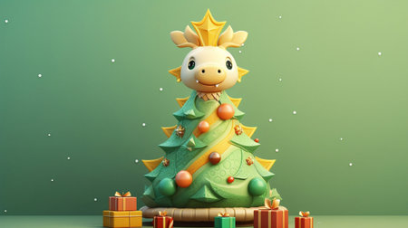 christmas tree with snowman and gift boxes 3d render imageの素材