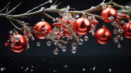 Christmas decoration with red baubles on black background. Copy space.の素材