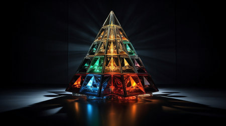 3d rendering of a pyramid with multicolored lights on a dark backgroundの素材