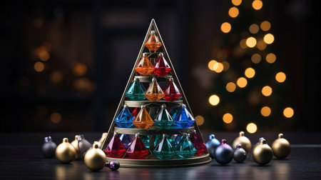 Christmas tree made of colorful glass baubles on bokeh backgroundの素材