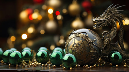 Christmas toys on a wooden table against the background of the Christmas treeの素材