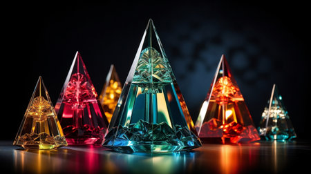 Colorful crystal pyramid on black background. 3d render illustration.の素材