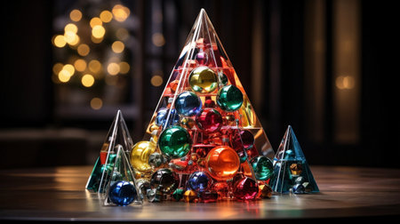 Christmas tree made of colorful glass baubles on a wooden table.の素材