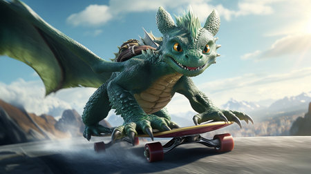 dragon riding skateboard on the road. 3d render illustration.の素材