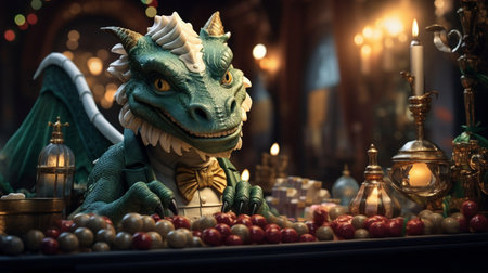 3d rendering of a fantasy dragon sitting in a candlestickの素材