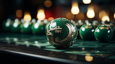 Close-up of a green christmas ball on a chessboardの素材