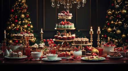 Festive table with different desserts and candlesticks in the form of a Christmas treeの素材