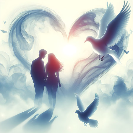 Couple in love with flying pigeons. Valentine's Day backgroundの素材