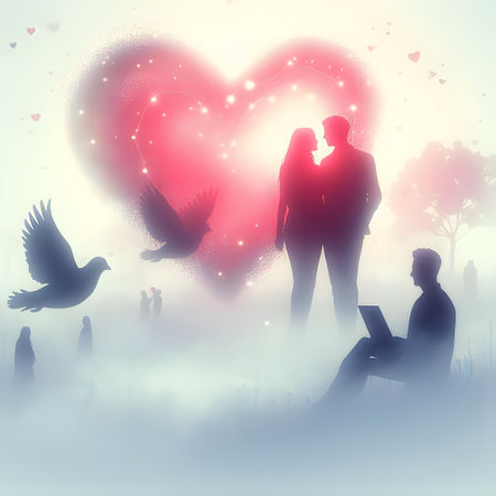 Silhouette of a loving couple in front of a heart backgroundの素材