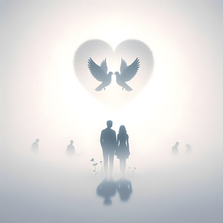 Silhouette of family with pigeons in the shape of heartの素材