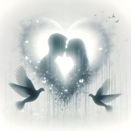 Valentine's day greeting card with couple of birds in loveの素材